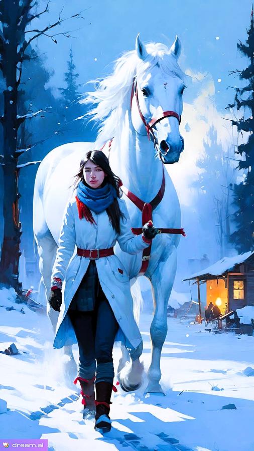 A I White Horse and Girl 3 Digital Art by Denise F Fulmer