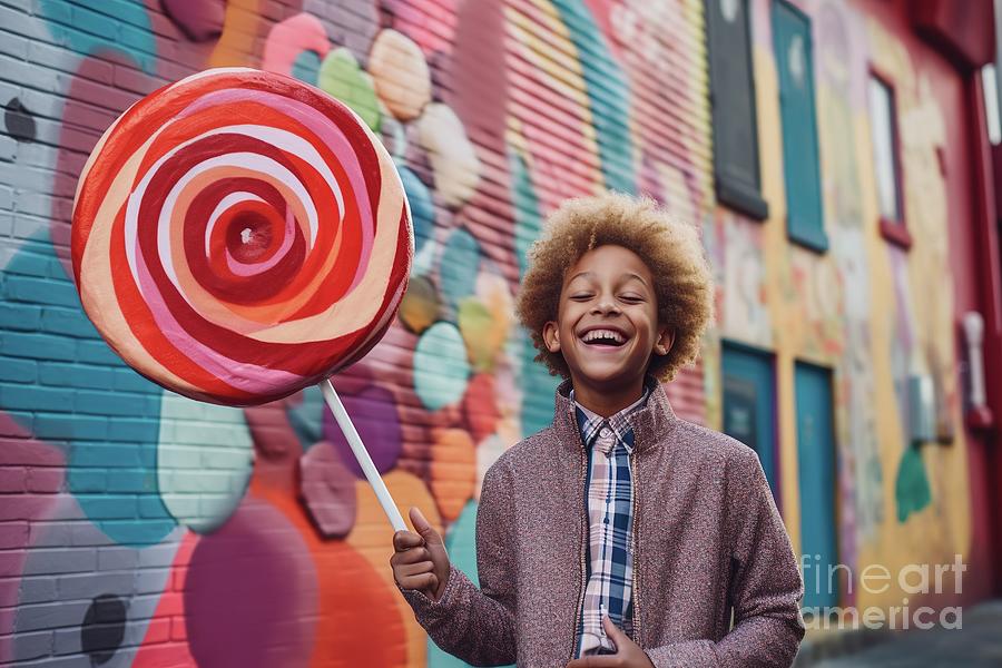 A jovial child is holding an extra large lollipop, a metaphor fo Photograph by Joaquin Corbalan