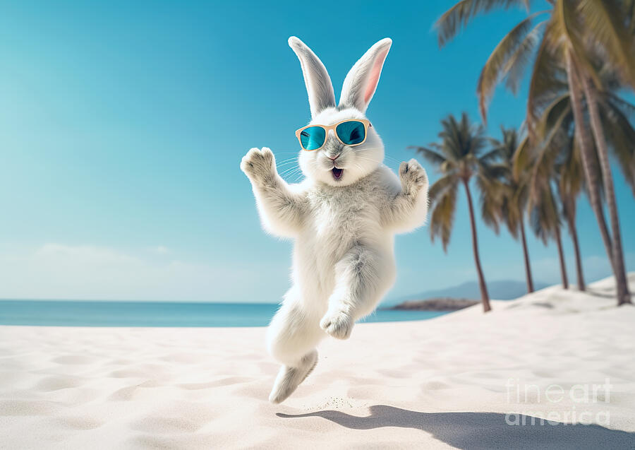Rabbit Digital Art - A jubilant rabbit frolics on a sandy beach under a clear blue sky, sporting a pair of cool sunglasse by Odon Czintos