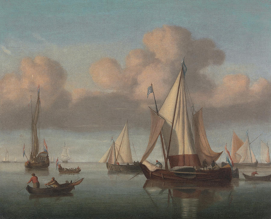 A Kaag at Anchor with Sails Hoisted and a State Yacht and Other Vessels Painting by Willem van de Velde the Younger