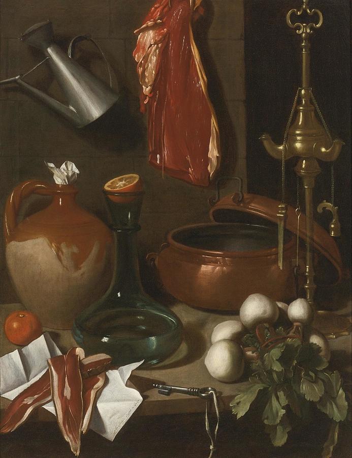 Pan Painting - A Kitchen Still Life With Hung Meat, A Bunch Of Turnips, Oil Lamp, An Earthenware Jug, Brass Pans, A by Carlo Magini