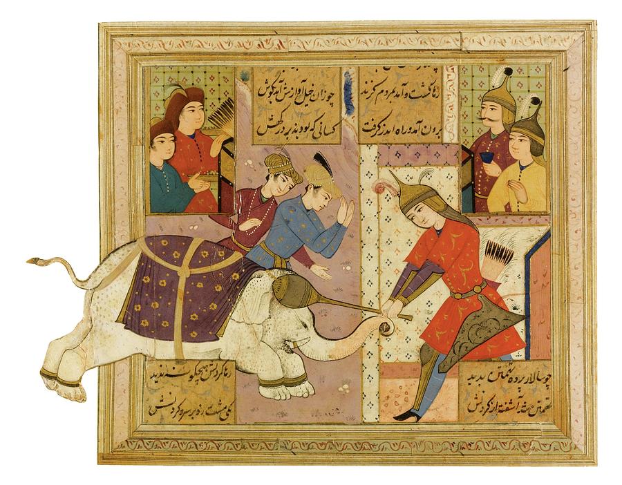 A lacquered album page from the Shahnameh of Firdausi, Rustam killing the White elephant, attributab Painting by Artistic Rifki