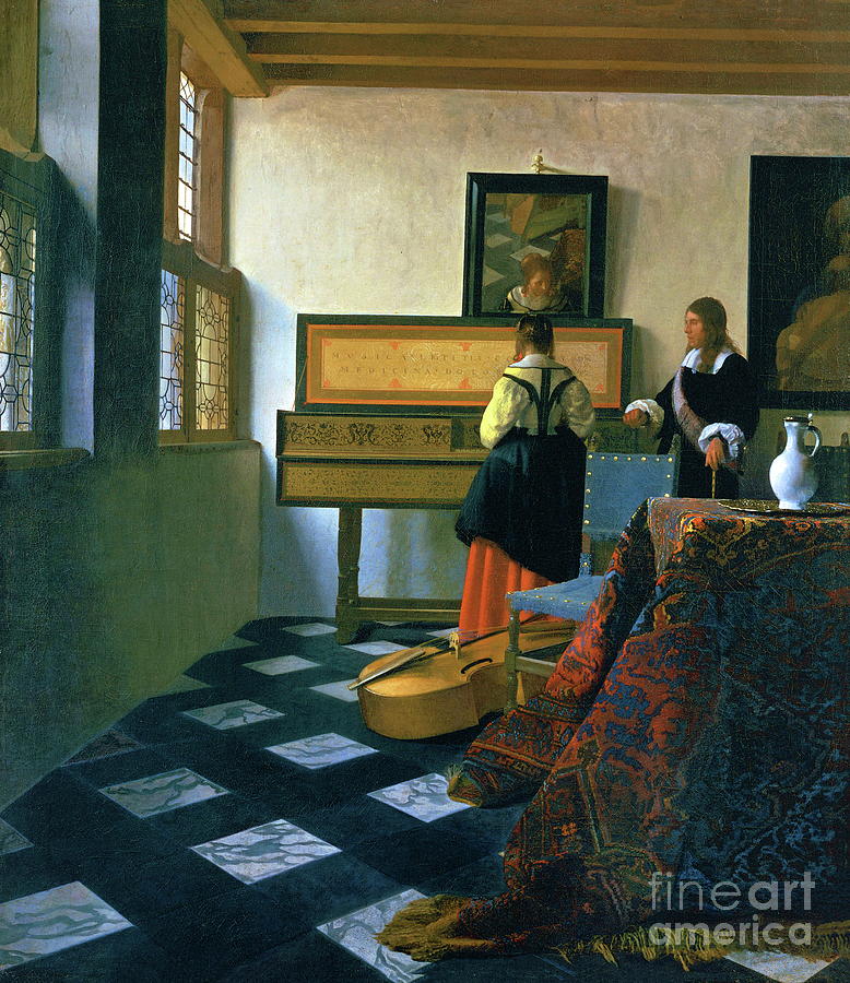A Lady at the Virginal with a Gentleman Painting by Johannes Vermeer