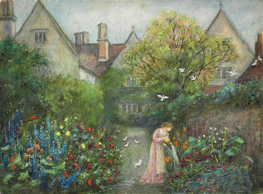 A lady in the garden at Kelmscott Manor  Gloucestershire Painting by Marie Spartali Stillman