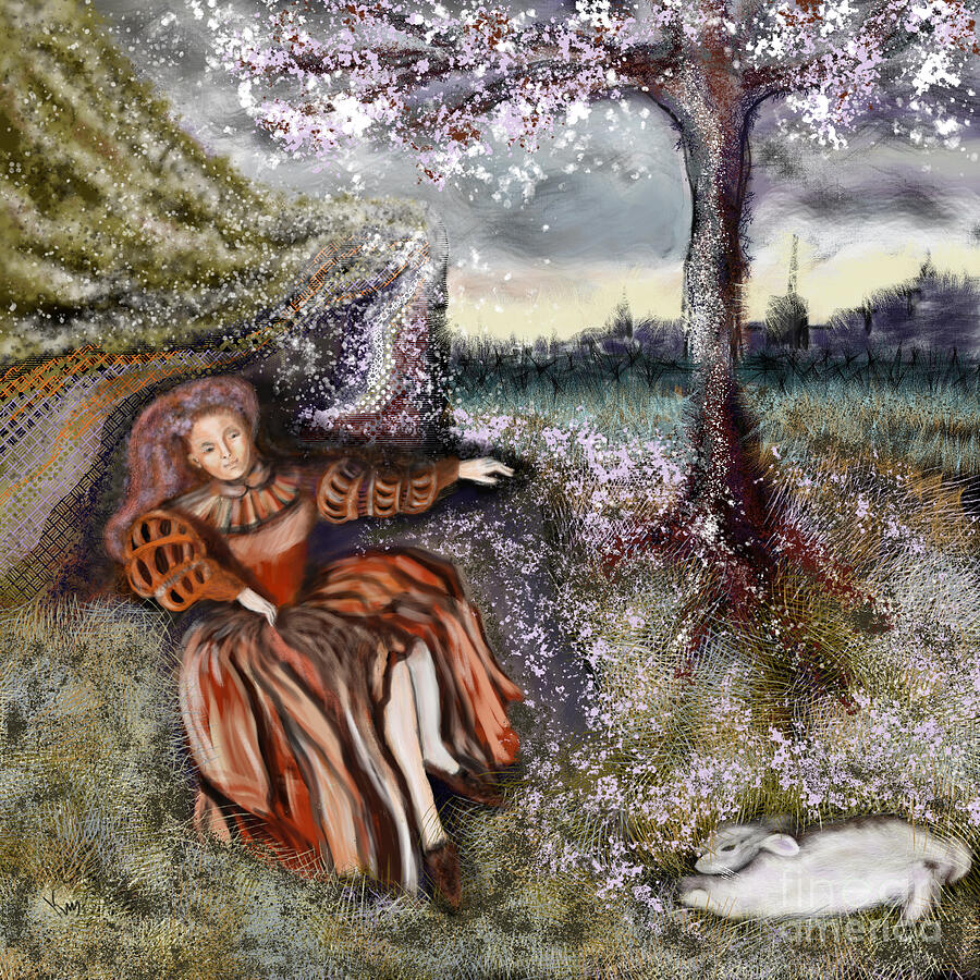Spring Digital Art - A Lady with A Rabbit and Cherry Blossoms  by Katia Witkowski