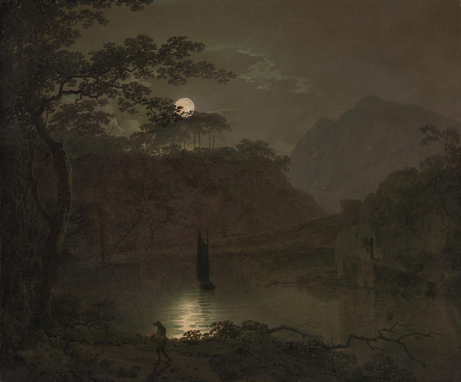 A Lake by Moonlight Painting by Joseph Wright