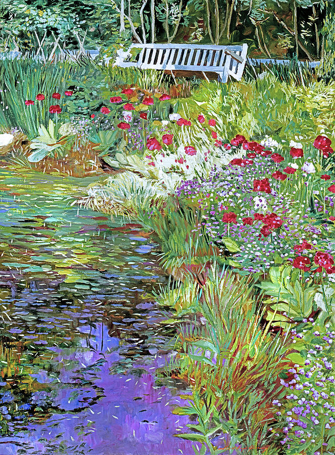 Garden Painting -  A Lakeside Sunbench Impressionist by David Lloyd Glover