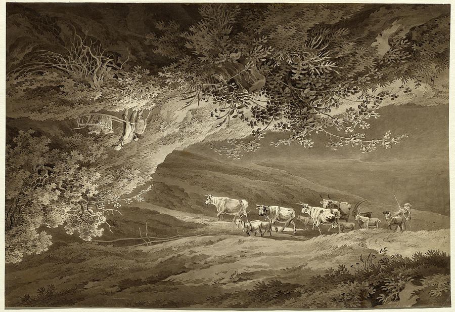 A Landscape with a Herd of Cows and Goats, Surmounted by Another Landscape, Upside-down Drawing by Adrian Zingg