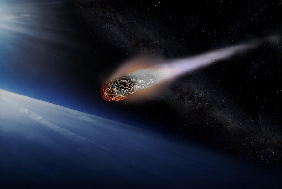 A large asteroid entering the Earth’s atmosphere. NASA continually monitors the potential threat from large asteroids to Earth. Photograph by Erik Simonsen