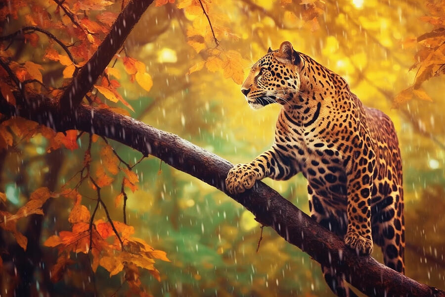 a leopard climbing a tree in autumn rain by Asar Studios Painting by Asar Studios