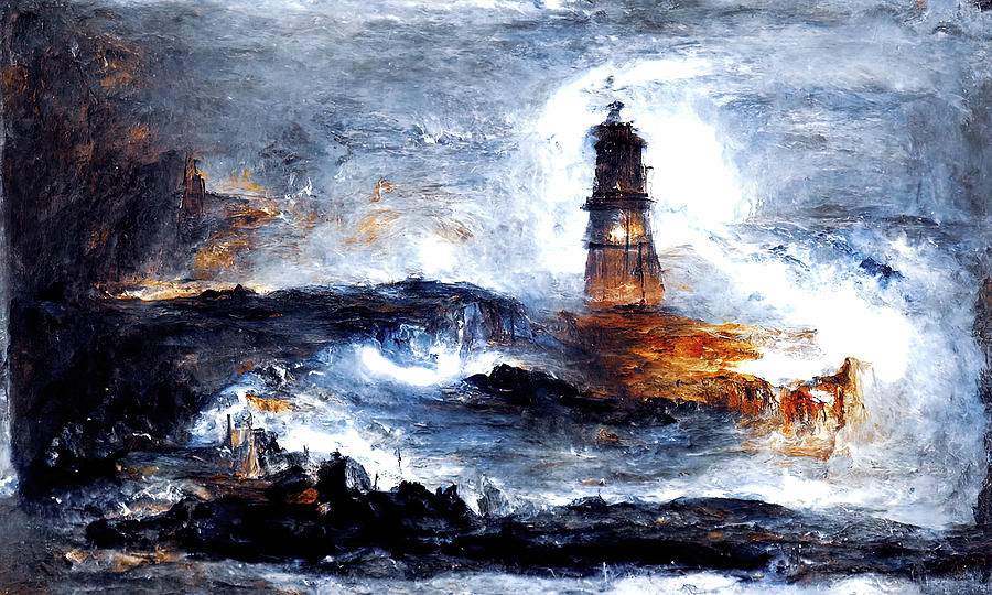 A lighthouse in the storm, 01 Painting by AM FineArtPrints