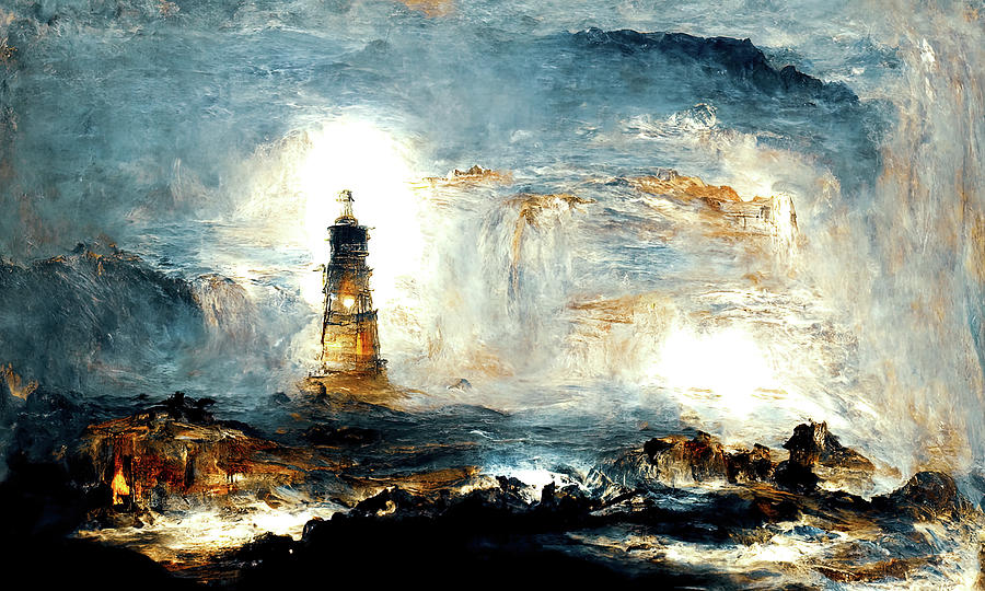 A lighthouse in the storm, 02 Painting by AM FineArtPrints