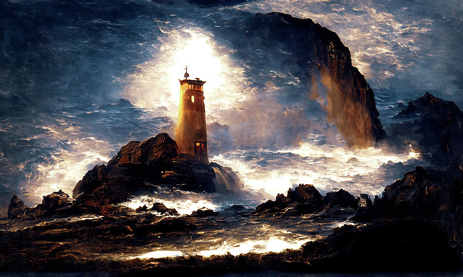A lighthouse in the storm, 05 Painting by AM FineArtPrints