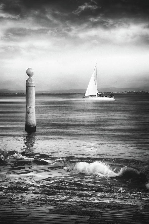 A Lisbon Sunset by The Tagus River Black and White  Photograph by Carol Japp