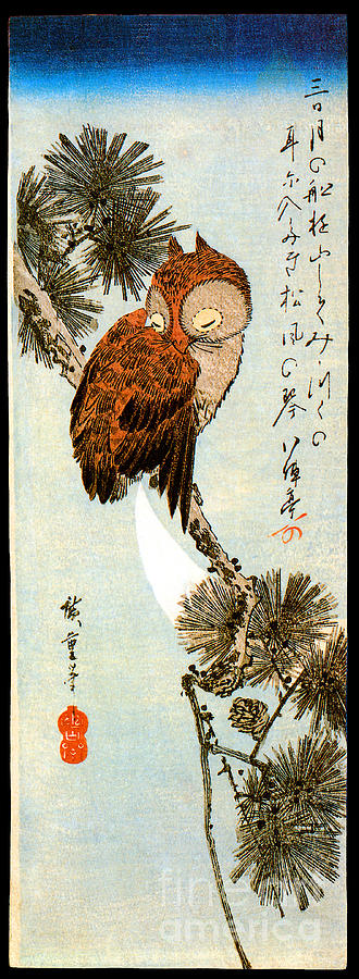 A Little Brown Owl on a Pine Branch with a Crescent Moon Behind Painting by Utagawa Hiroshige