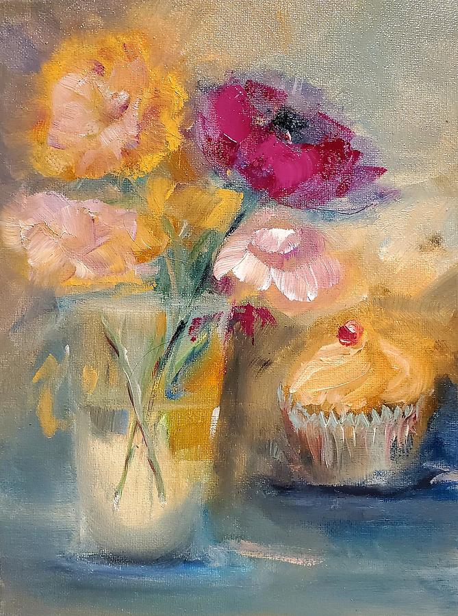 A little Cake And Flowers Today  Painting by Lisa Kaiser