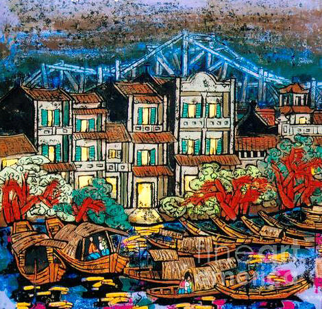 Boat Painting - A Lively Riverside Scene  by Lam To