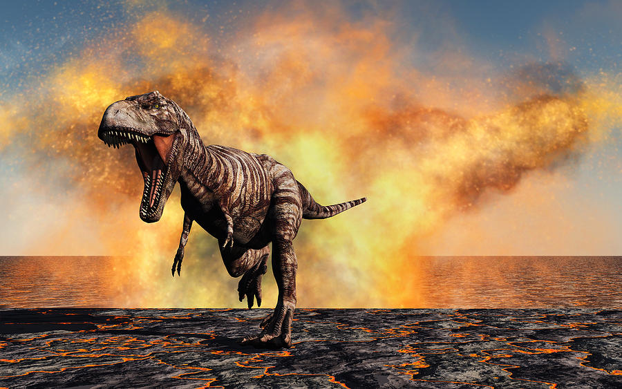 A lone Tyrannosaurus Rex dinosaur on the run from a violent fire storm during the Cretaceous period. Drawing by Mark Stevenson/Stocktrek Images