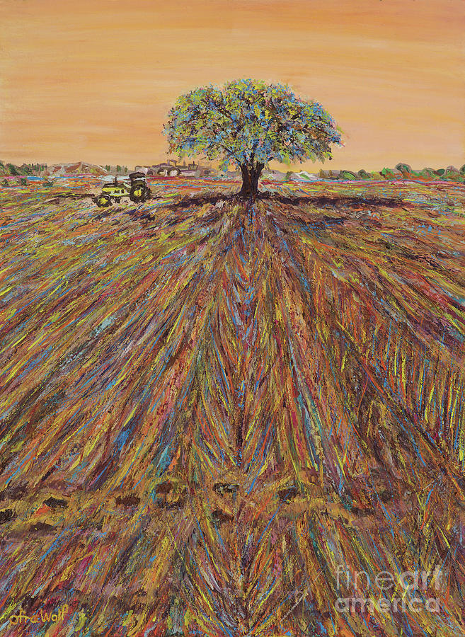 A look from a distance at the plowed field Painting by Ofra Wolf