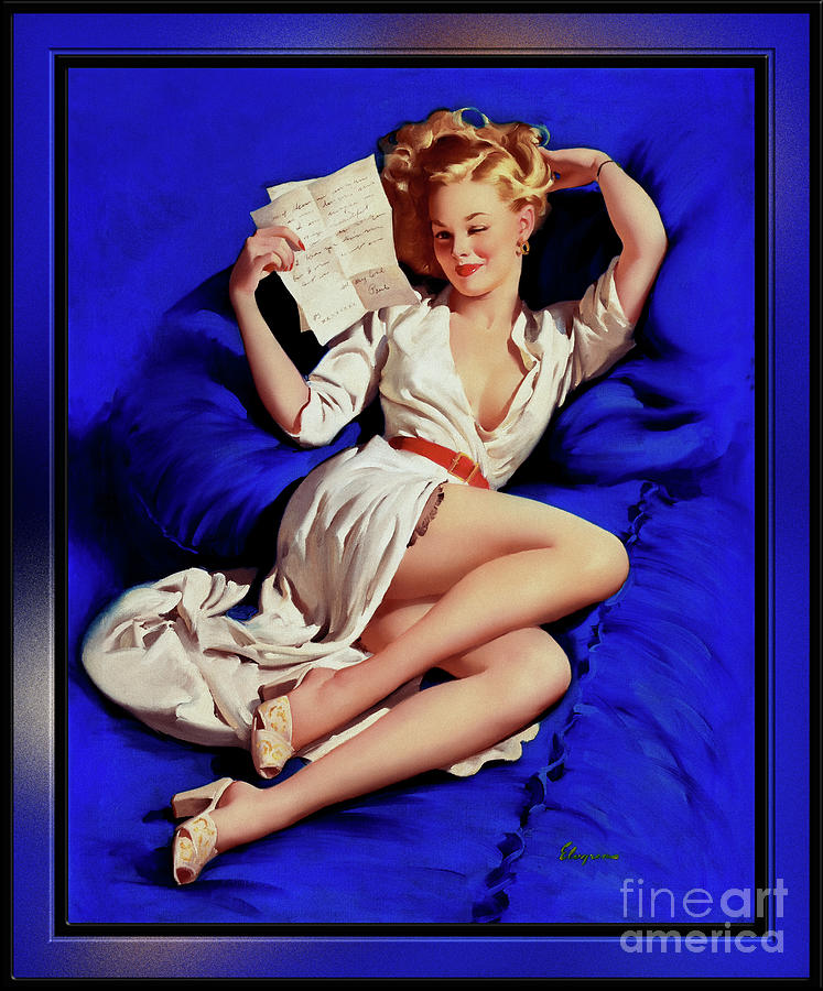 A Love Letter Pin-up Girl Illustration by Gil Elvgren Pin-up Girl Vintage Art Painting by Rolando Burbon