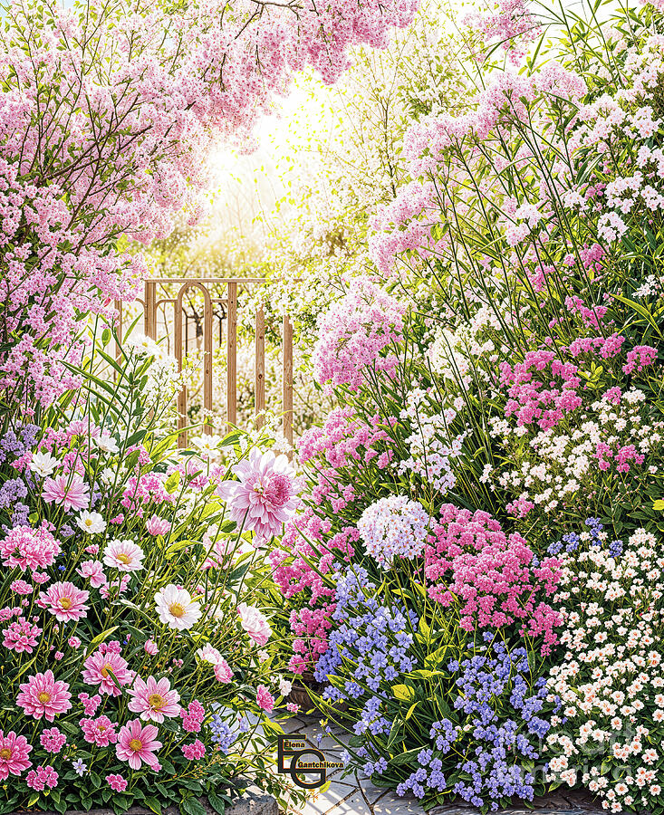 A lush garden scene features an array of vibrant pink, purple, and white flowers. Digital Art by Elena Gantchikova A lush garden scene features an array of vibrant pink, purple, and white flowers. Digital Art by Elena Gantchikova