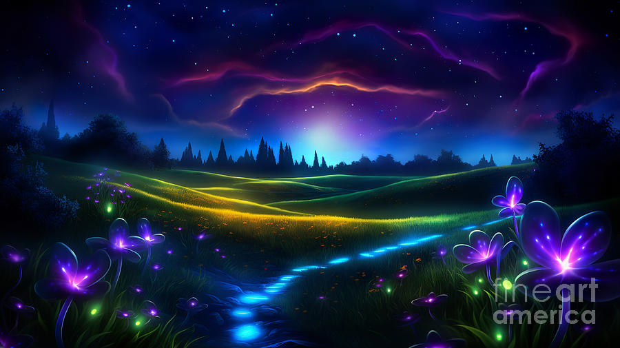 A magical fairy-tale landscape with lots of bright flowers and an illuminated walkway. Digital Art by Odon Czintos
