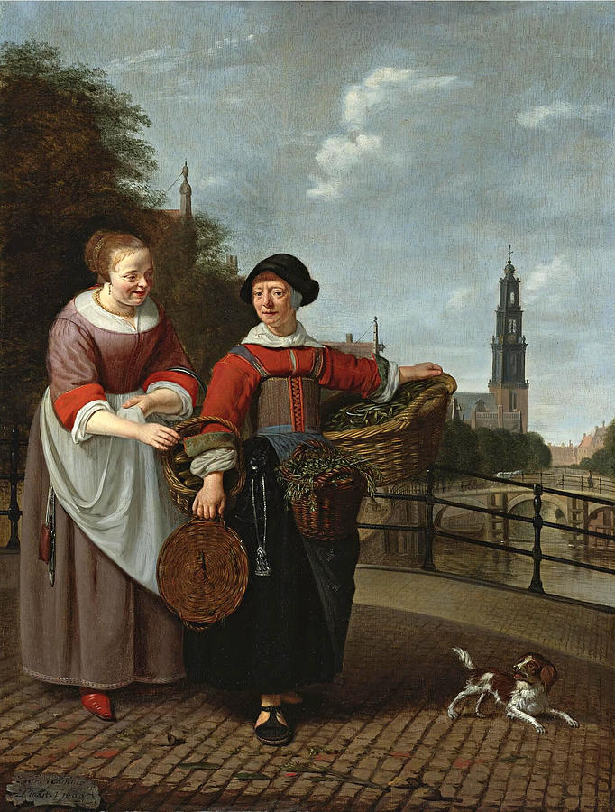 A Maid and a Female Merchant at the Eenhoornsluis in Amsterdam Painting by Michiel van Musscher