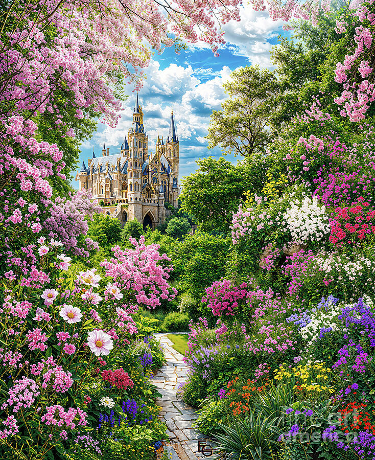 A majestic castle is seen in the background surrounded by vibrant, blooming flowers, lush greenery r Digital Art by Elena Gantchikova A majestic castle is seen in the background surrounded by vibrant, blooming flowers, lush greenery r Digital Art by Elena Gantchikova