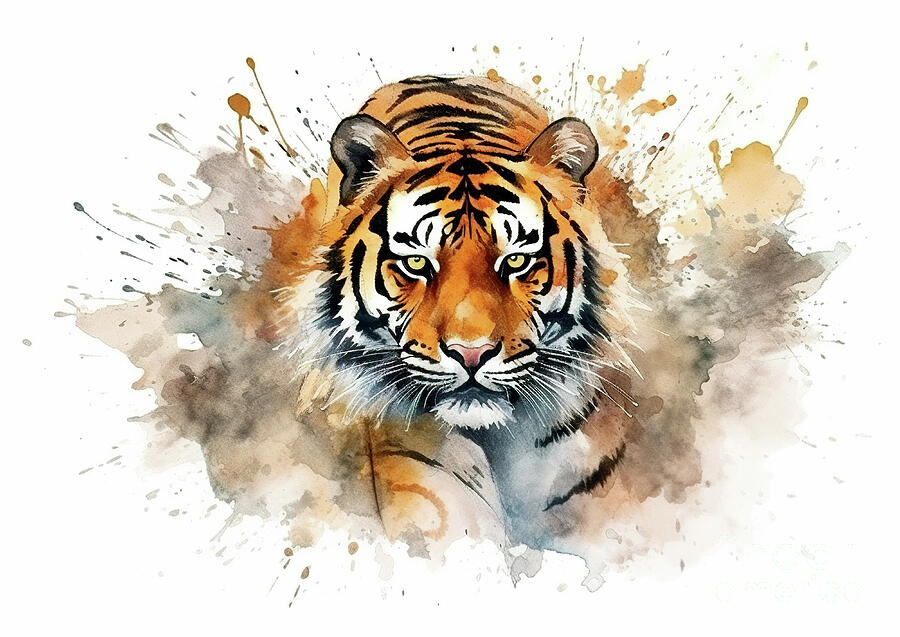 Wildlife Digital Art - A majestic tiger is depicted with vibrant watercolor splashes surrounding its face and body.  by Odon Czintos