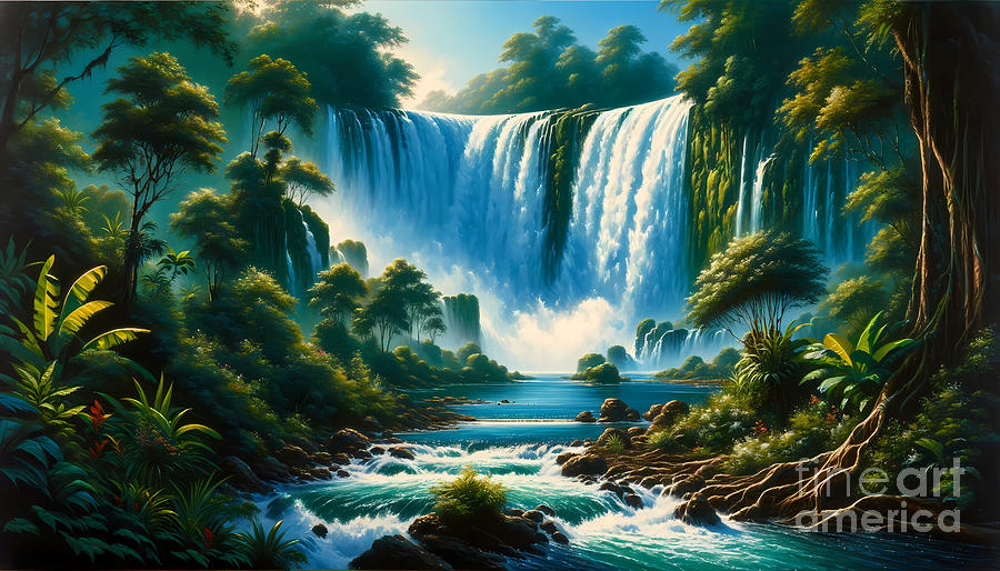 Nature Painting - A majestic waterfall cascading into a crystal-clear lagoon surrounded by lush greenery by Jeff Creation
