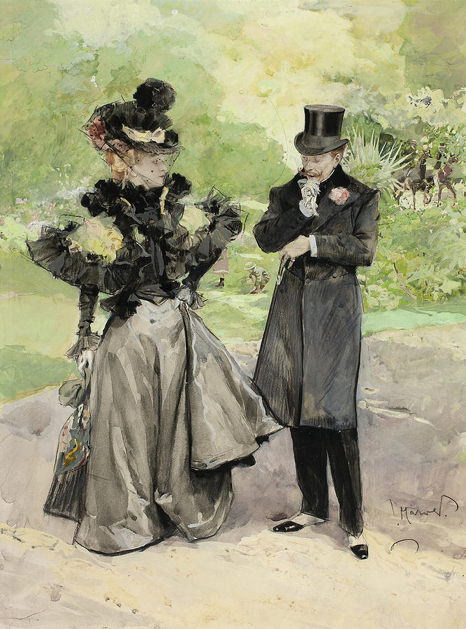 A Man and a Woman in a Park Drawing by Ludek Marold
