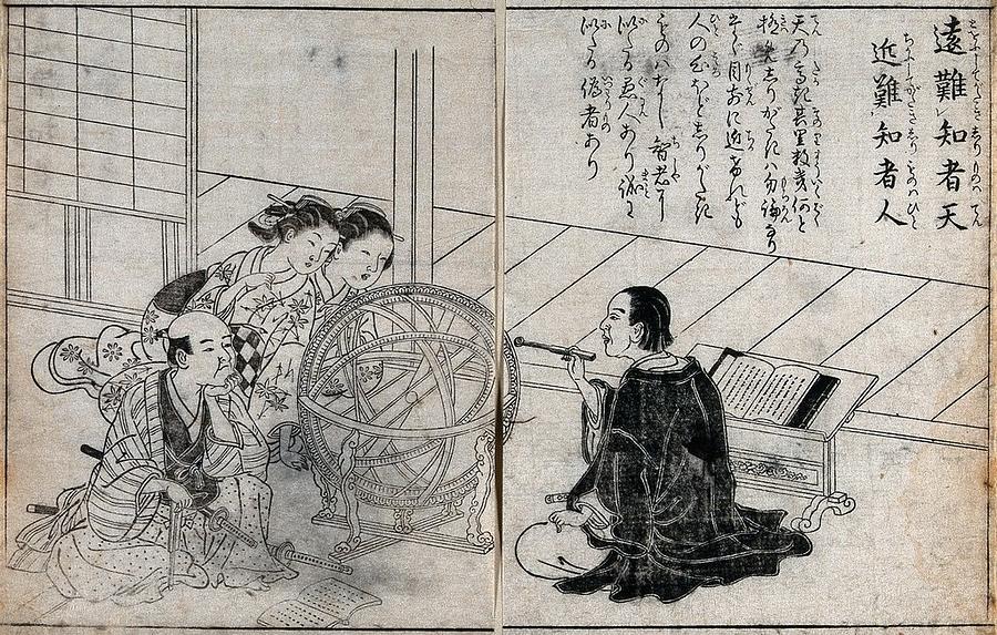 A man demonstrating an orrery to two girls and another man. Woodcut by Painting by Artistic Rifki