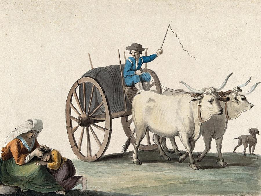 A man driving a cart pulled by two oxen in the left foreground a woman picks fleas from a boys hea Painting by Artistic Rifki