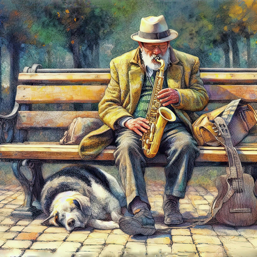 A Man His Dog And A Sax Digital Art by HH Photography of Florida