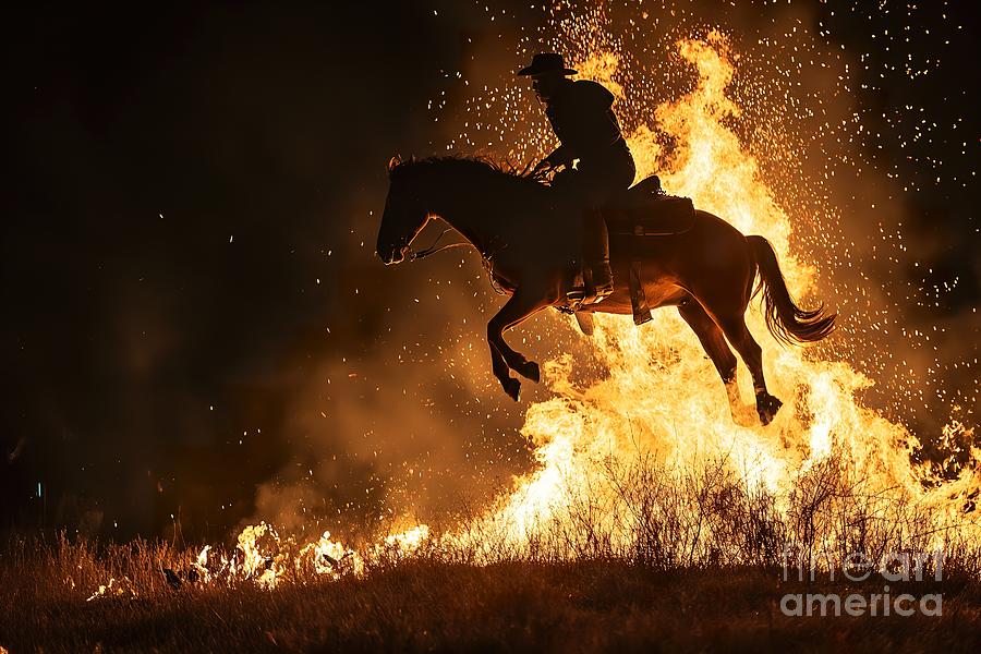 A man on a horse performs a daring jump over a roaring fire. Photograph by Joaquin Corbalan