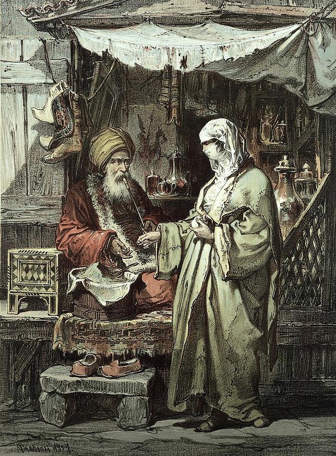 A man selling medicinal drugs to a woman in a bazaar in Constantinople. Colour lithograph after Prez Painting by Artistic Rifki