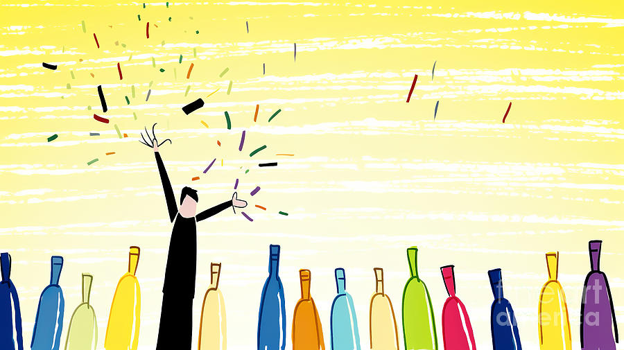 A man very happily celebrates the new year in the company of many bottles. Digital Art by Odon Czintos