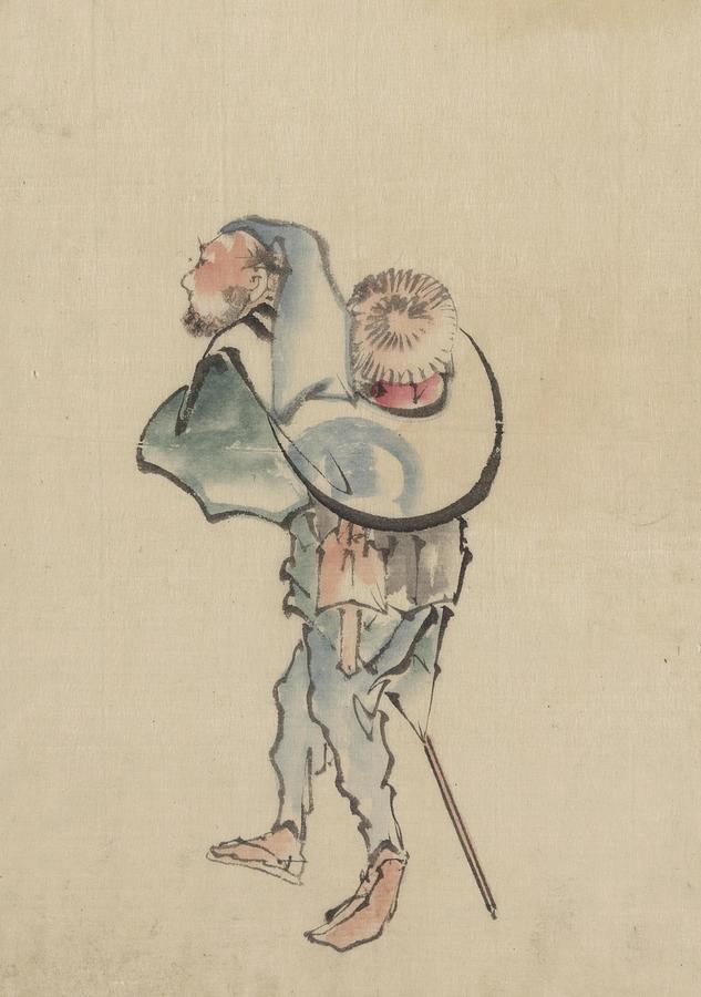Katsushika Hokusai Painting - A man walking to the left with a large hat resting on his back and wearing sandals holding a short s by Katsushika Hokusai Japanese