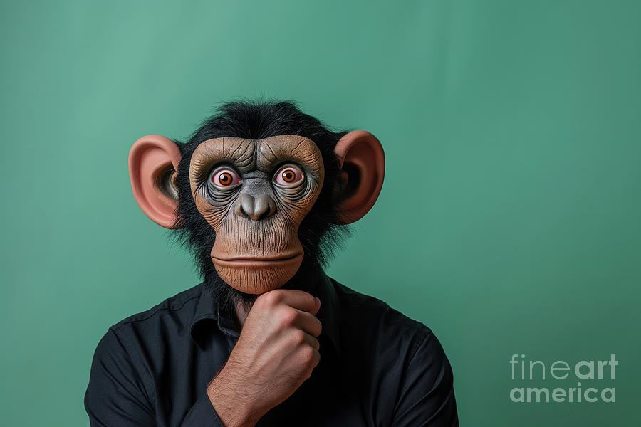 A Man Wearing A Monkey Mask With His Hand On His Chin On A Green Background. Photograph