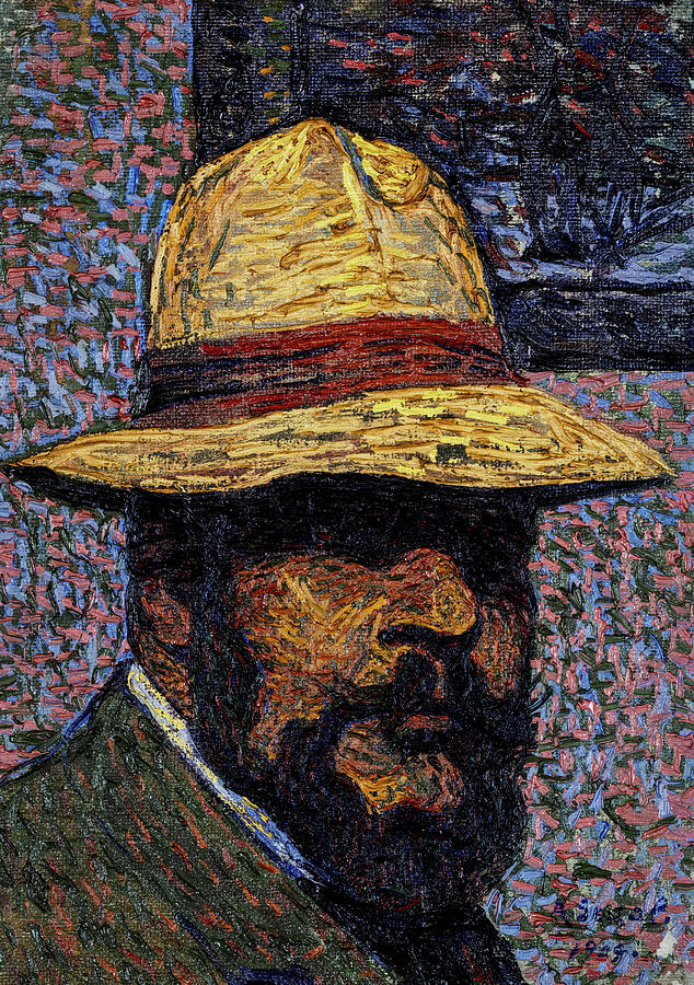 A man wearing a straw hat is depicted in a portrait with vibrant, expressive brushstrokes dominating Painting by MotionAge Designs