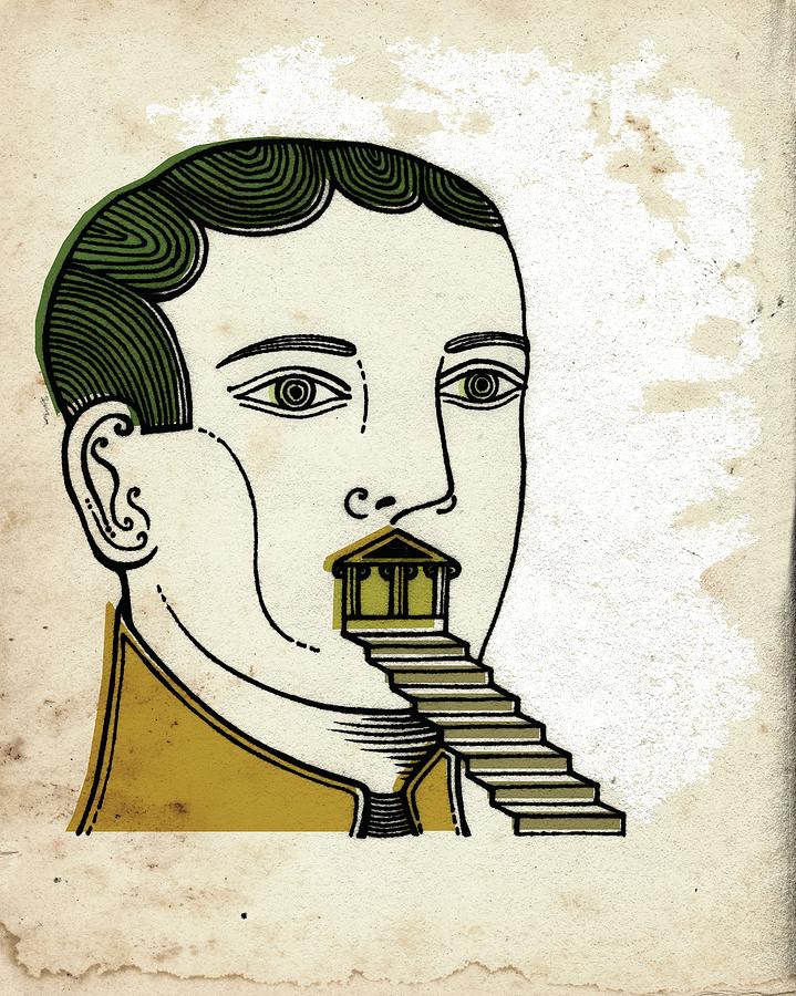 A man with a set of stairs coming out of his mouth Drawing by Cargo