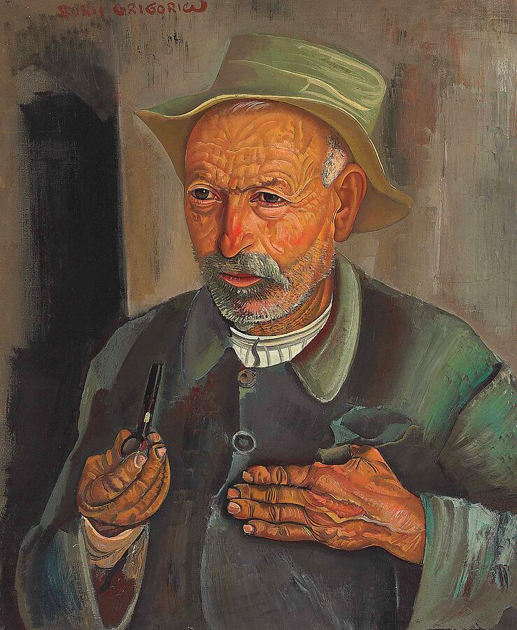 A man with a weathered face and a green hat is holding a pipe in his hand, with a look that suggests Painting by MotionAge Designs