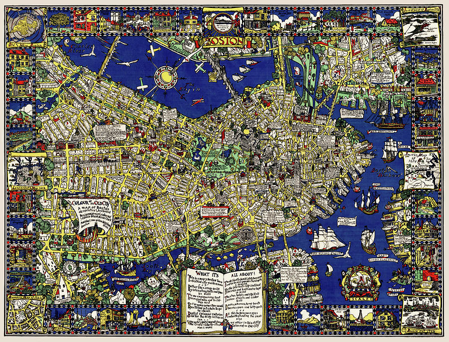 Boston Drawing - A map of Boston decorative and historical by Blake Everett Clark