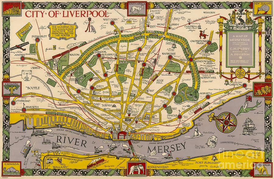 G H Parry and A Preston - A Map of Merseyside - City of Liverpool - 1934 Digital Art by Vintage Map