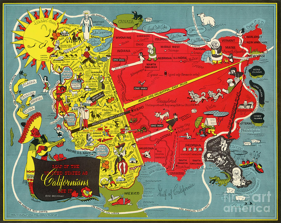 Oren Arnold - Map of the United States as Californians See it - 1947 Digital Art by Vintage Map