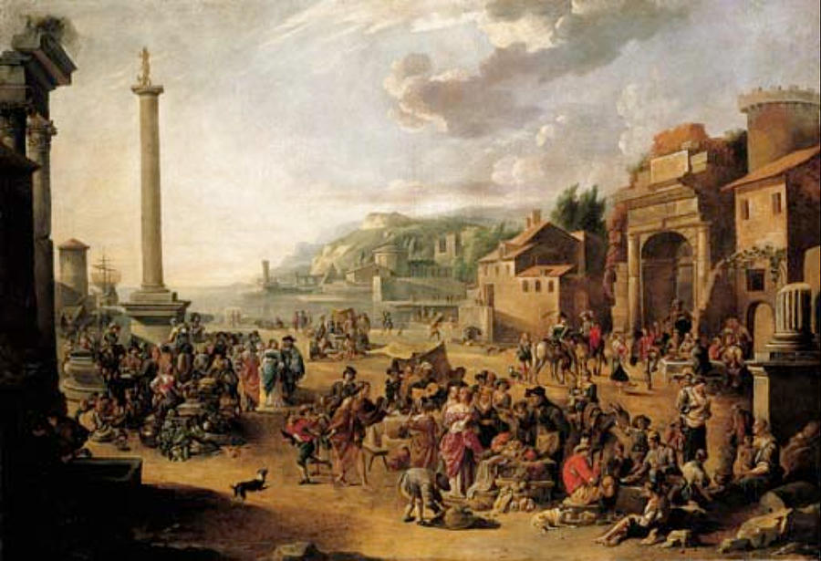 A market in an Italianate harbour with Diogenes in search of an honest ...