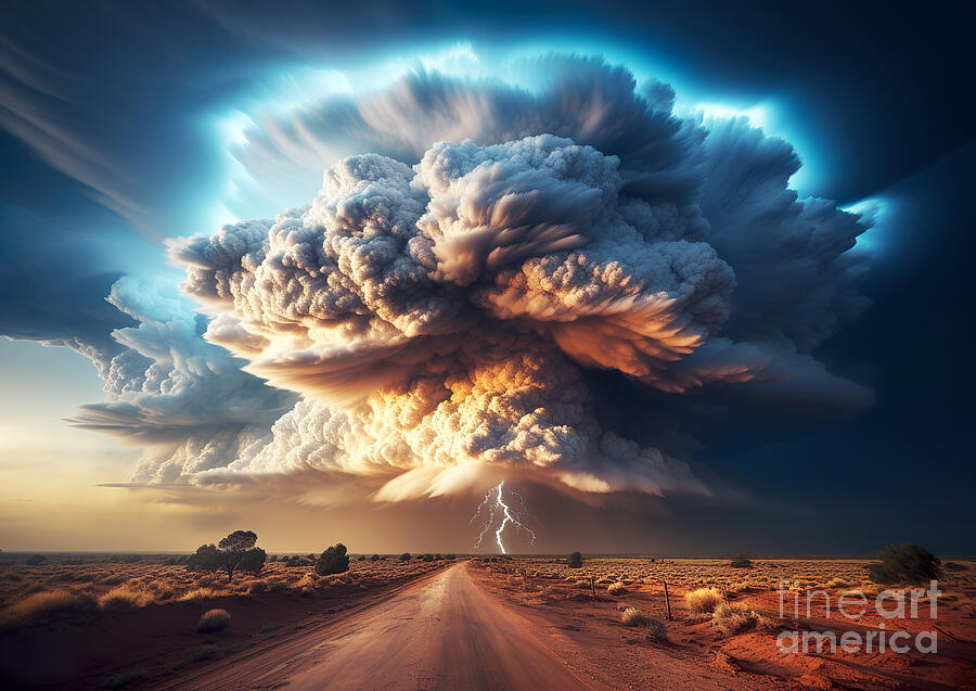 A massive, mushroom-shaped cloud looms over a landscape, with a dirt road leading straight towards  Digital Art by Odon Czintos