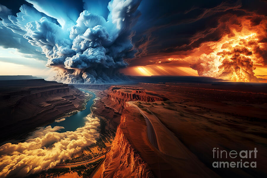 Sunset Digital Art - A massive volcanic eruption dominates the skyline with billowing smoke and ash by Odon Czintos