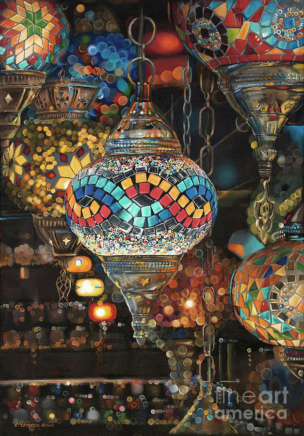 Lantern Still Life Painting - a medley of Mozaiks by Carol Bostan