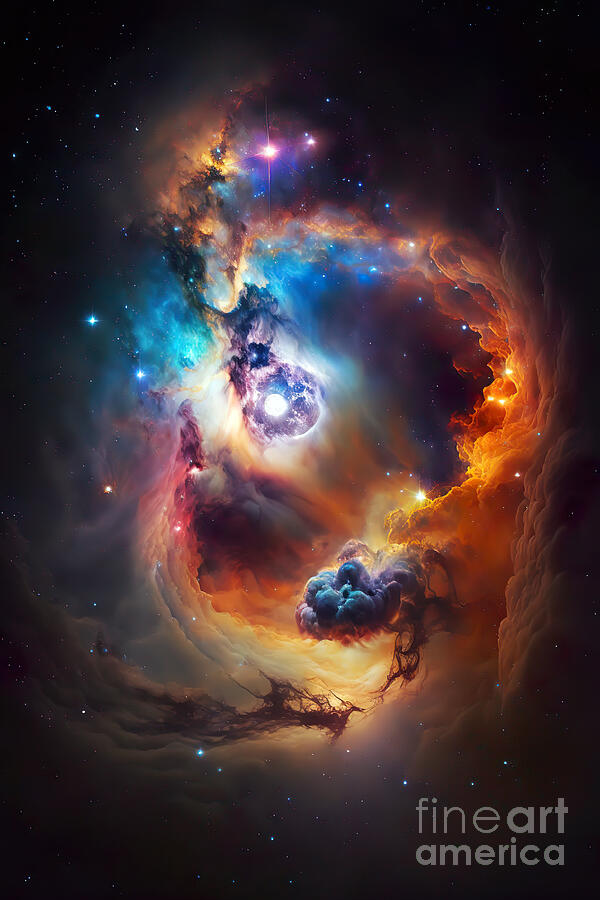 Interstellar Digital Art - A mesmerizing nebula stretches across the cosmos with vibrant hues of blue, orange, and yellow.  by Odon Czintos